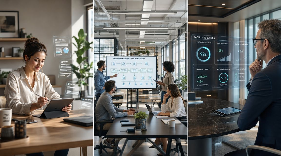 Collage présentant des professionnels utilisant des solutions numériques pour la dématérialisation et la gestion intelligente de documents.