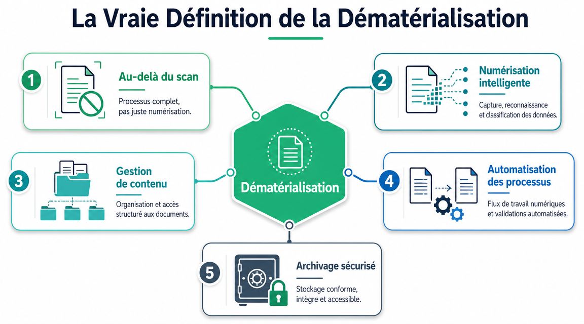 Schéma explicatif des cinq étapes clés pour une démarche de dématérialisation réussie des documents en entreprise.
