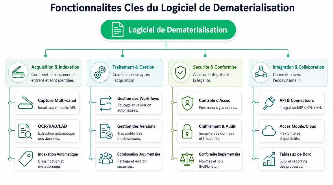 Schéma illustrant les fonctionnalités clés d'un logiciel de dématérialisation de documents et gestion électronique.