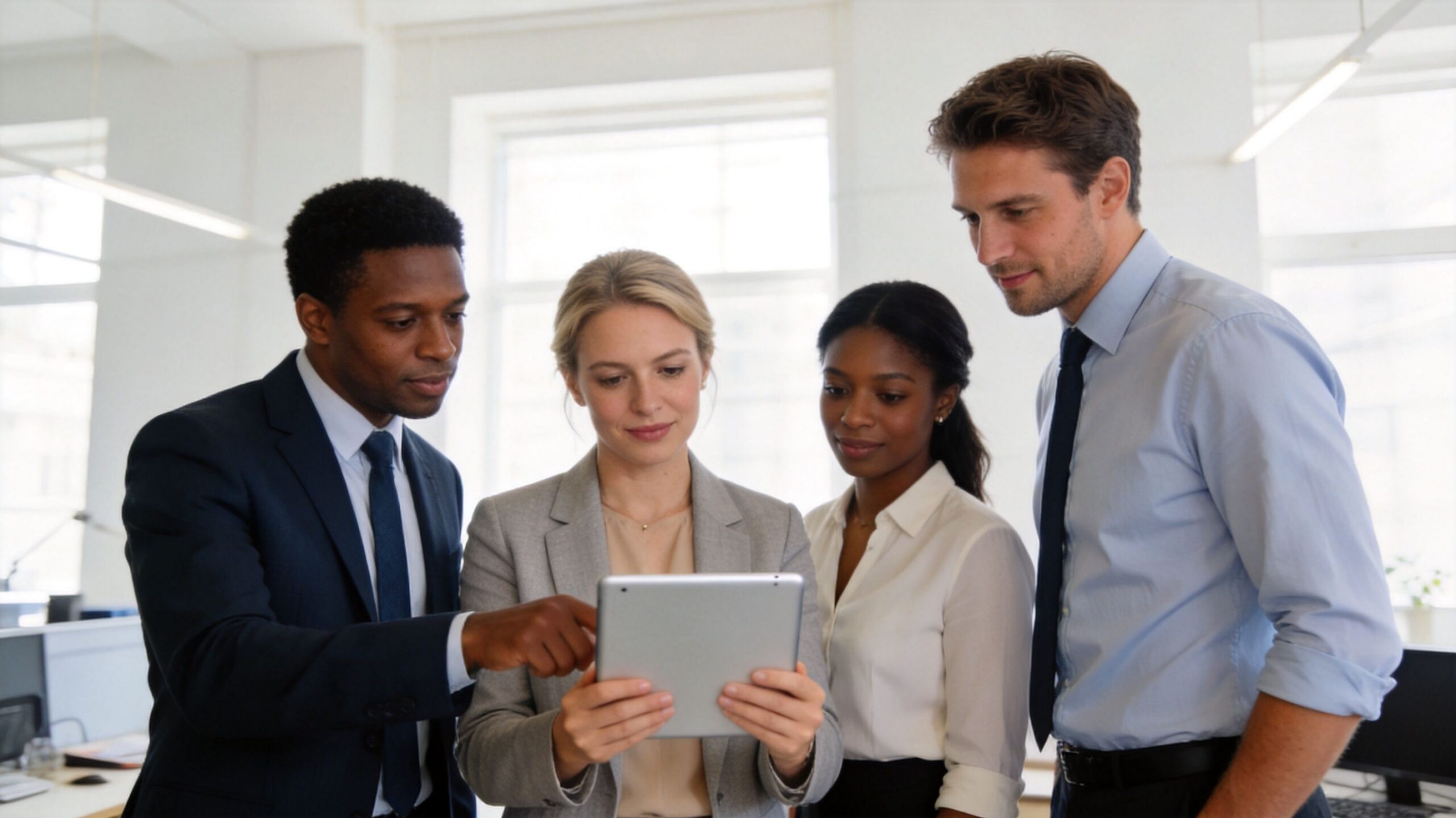Une équipe de professionnels diversifiés collaborant sur une tablette numérique dans un bureau moderne et lumineux.