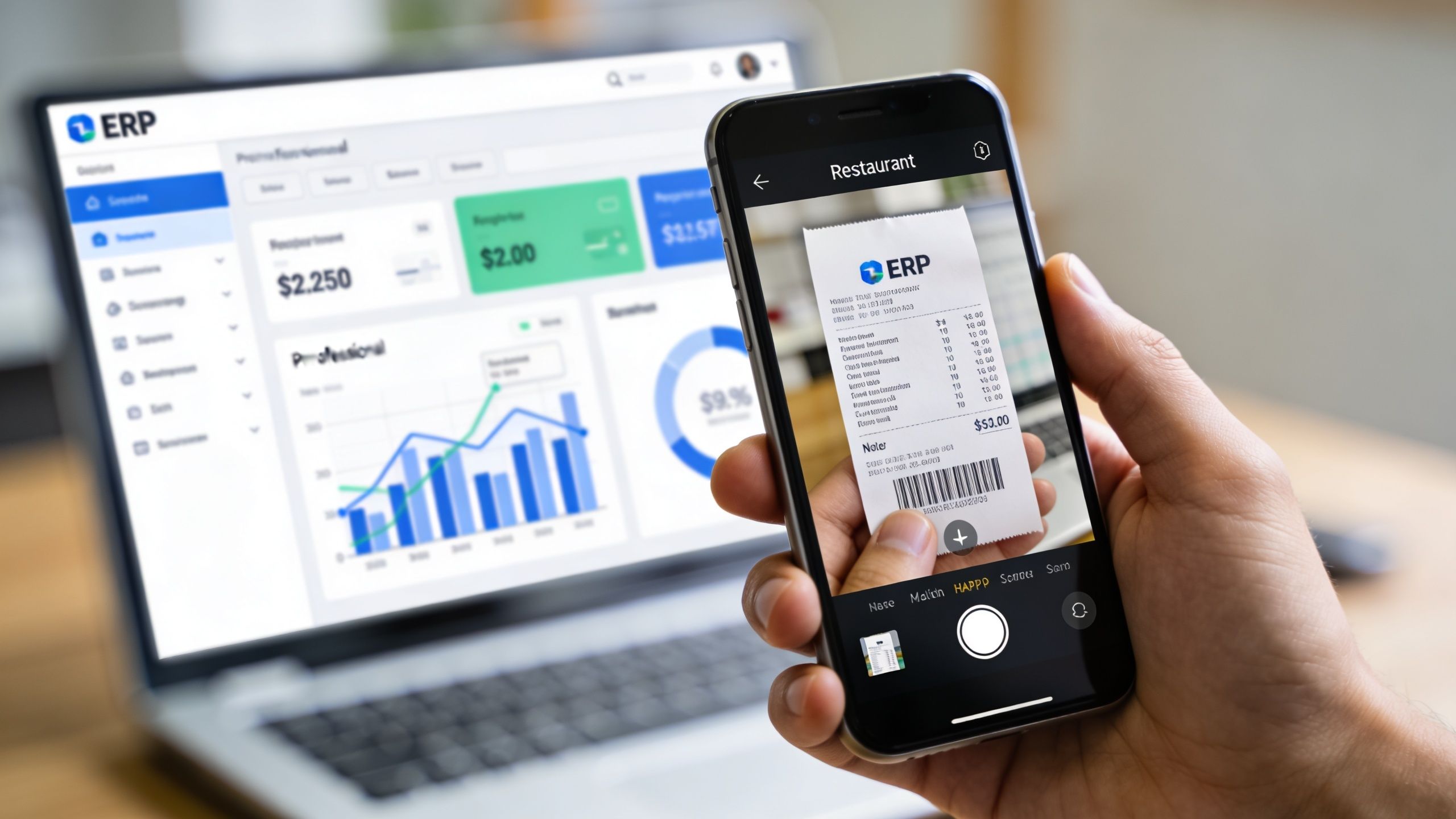 Une main tenant un smartphone pour scanner un reçu papier avec une application de comptabilité devant un ordinateur.