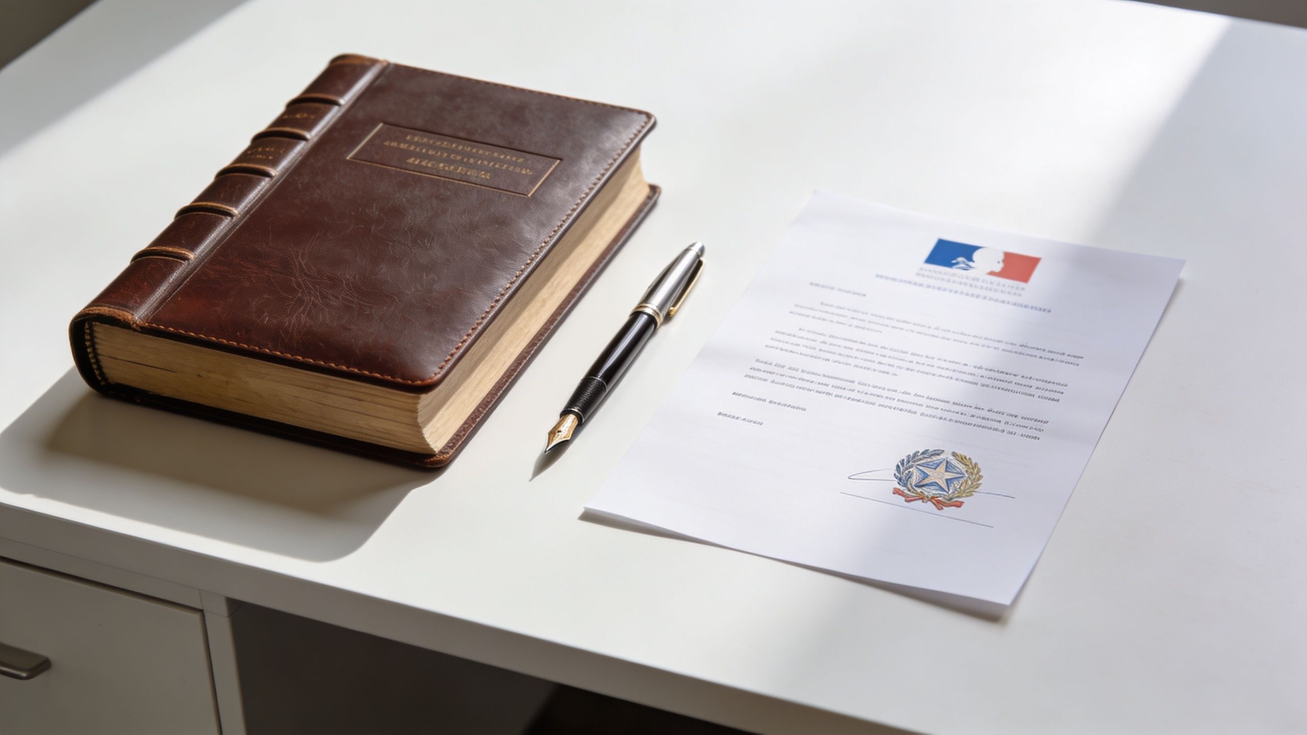 Un livre relié en cuir, un stylo plume et un document officiel posés sur un bureau blanc.