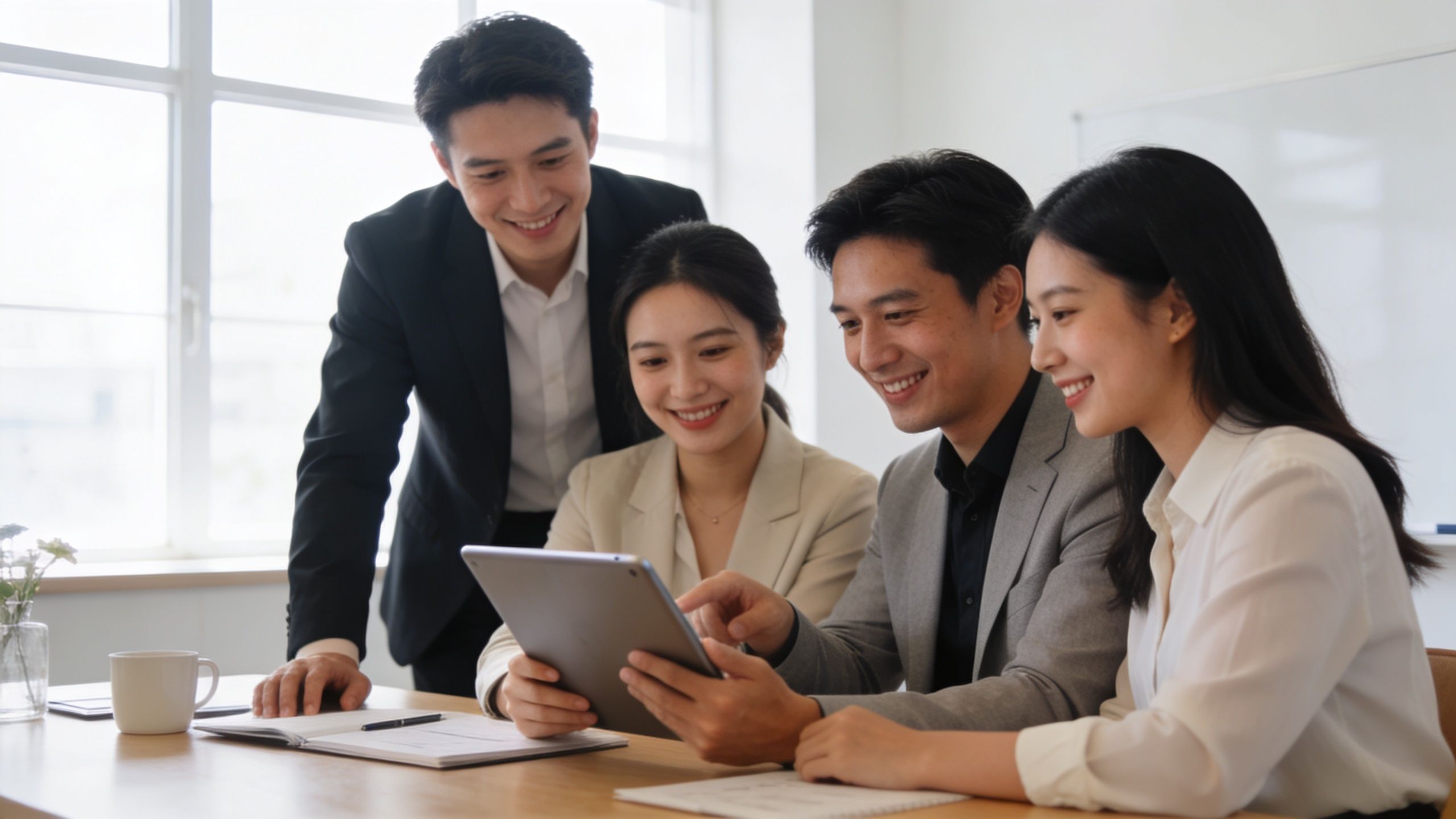 Quatre collègues de travail souriants discutent et analysent des informations sur une tablette numérique dans un bureau.