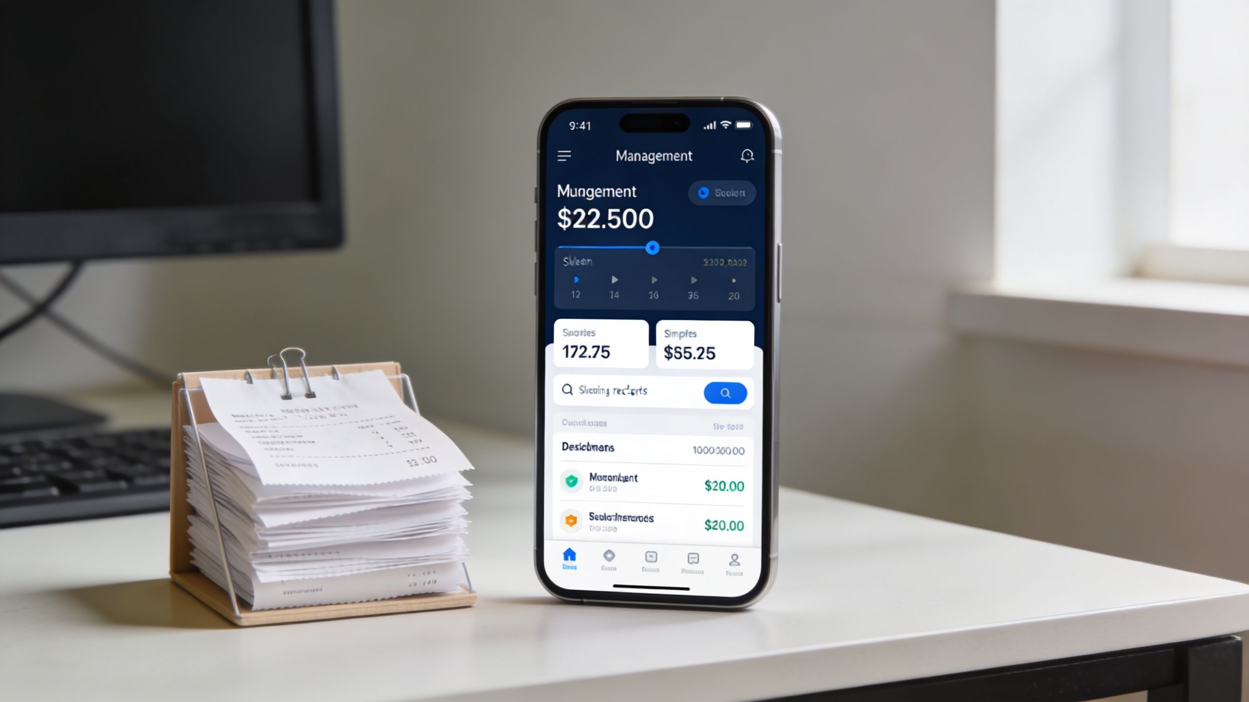 Un smartphone affichant une application de gestion financière posé à côté d'un support avec des reçus papier.