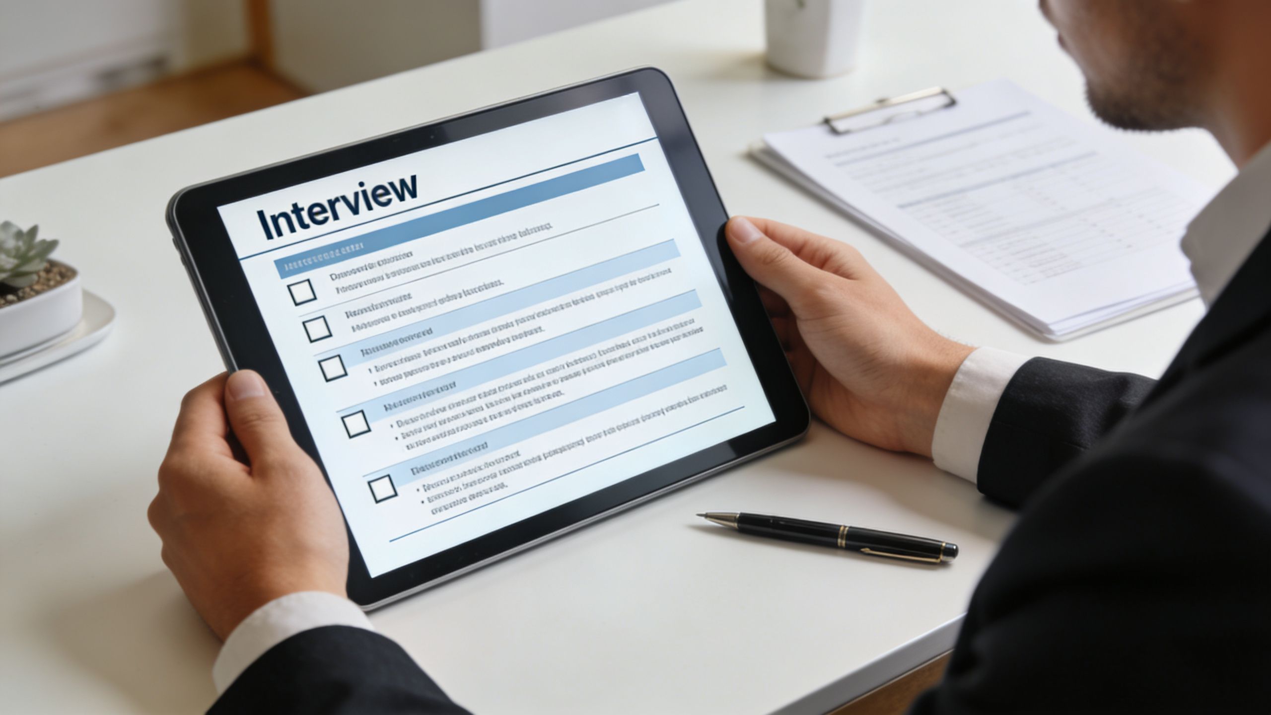 Un recruteur en costume utilisant une tablette numérique pour examiner une trame d'entretien d'embauche professionnelle au bureau.