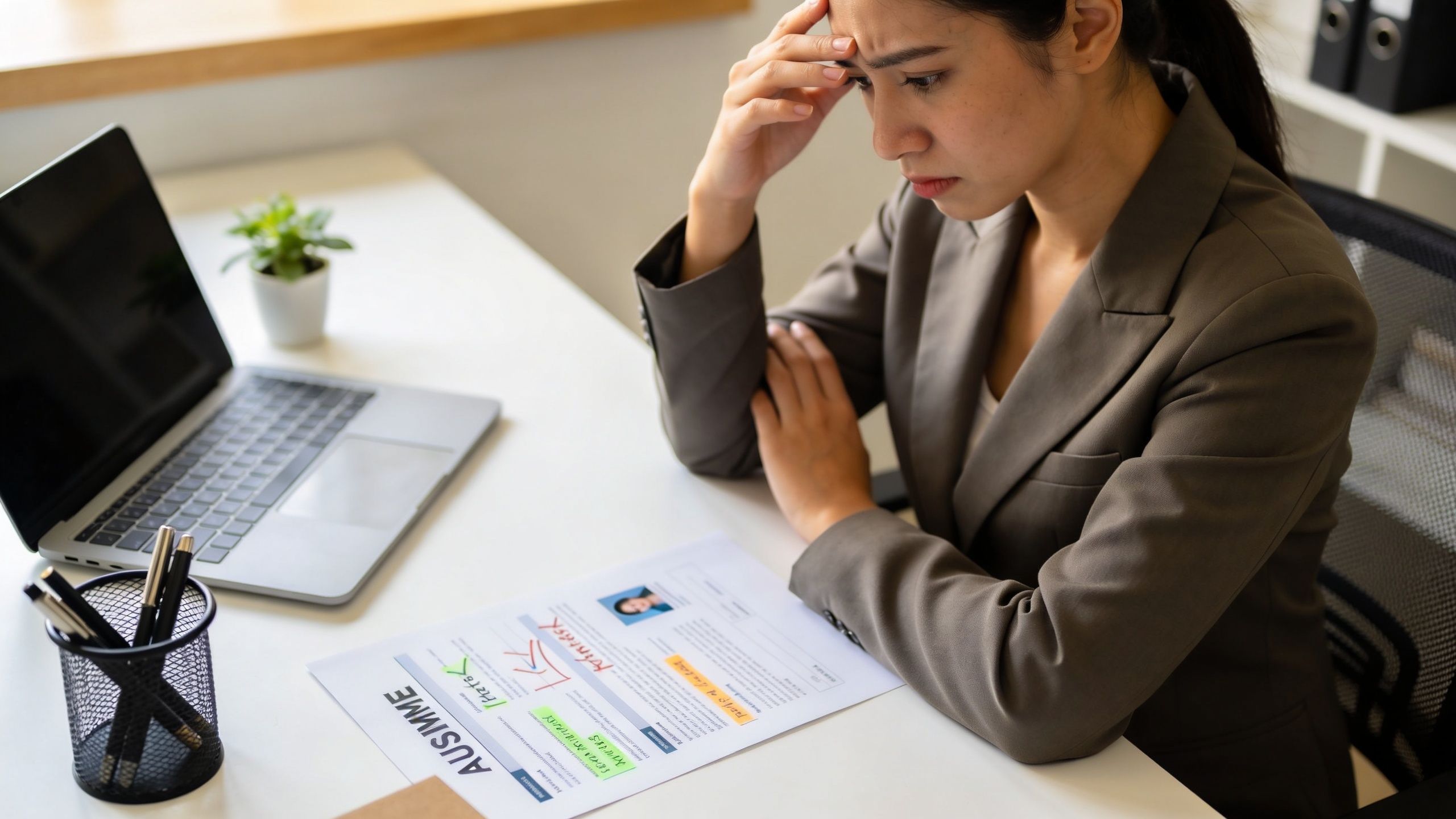 Une recruteuse stressée regarde un curriculum vitae sur son bureau de travail dans un environnement de bureau professionnel.
