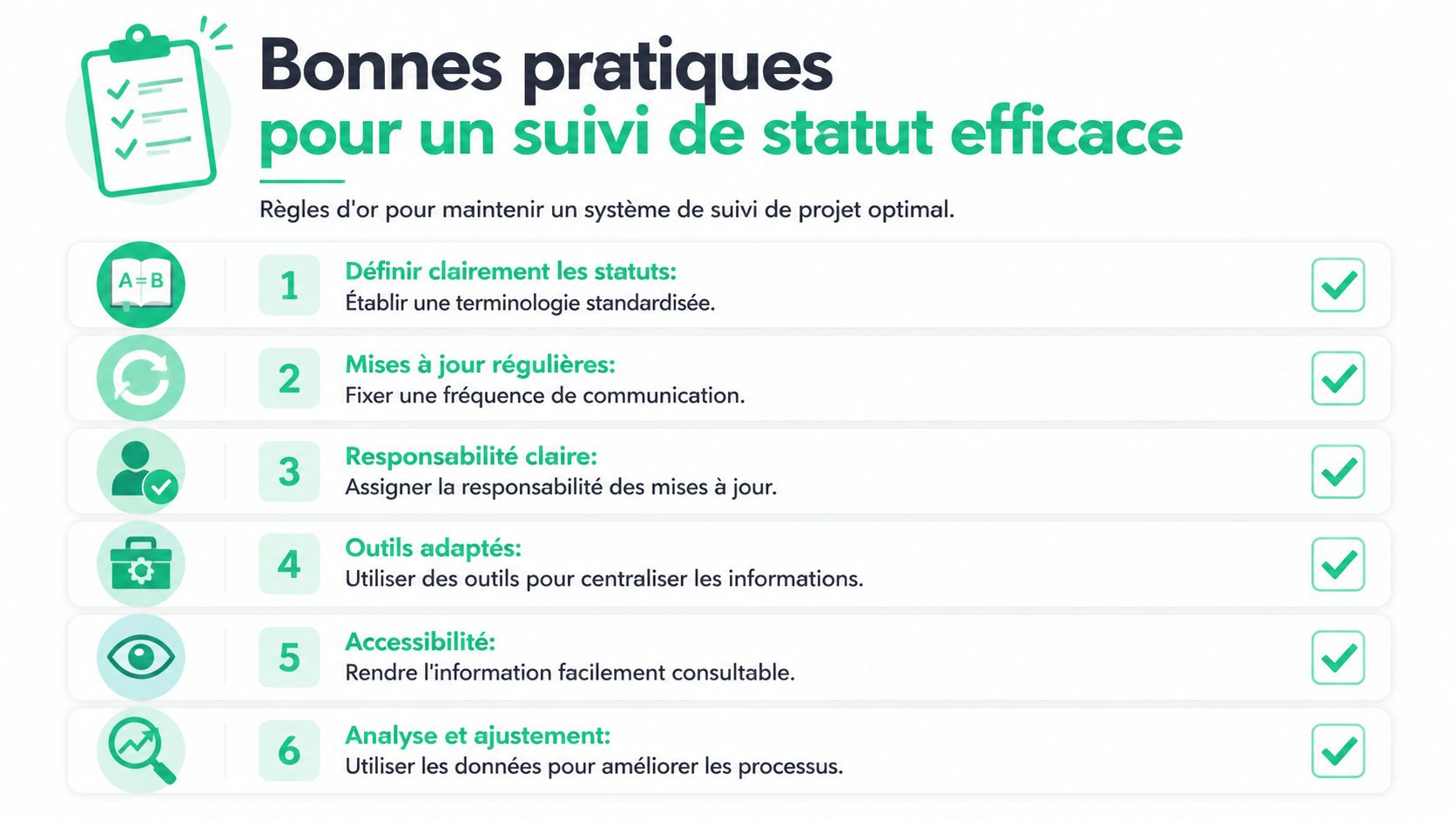 Une infographie listant six bonnes pratiques pour assurer un suivi efficace du statut de vos projets professionnels.