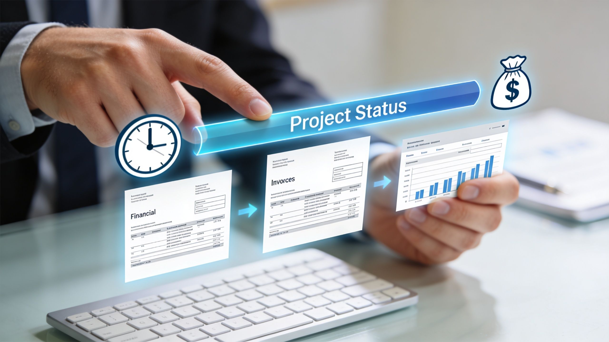 Un homme d'affaires interagissant avec une interface numérique affichant le statut du projet, les factures et des graphiques.