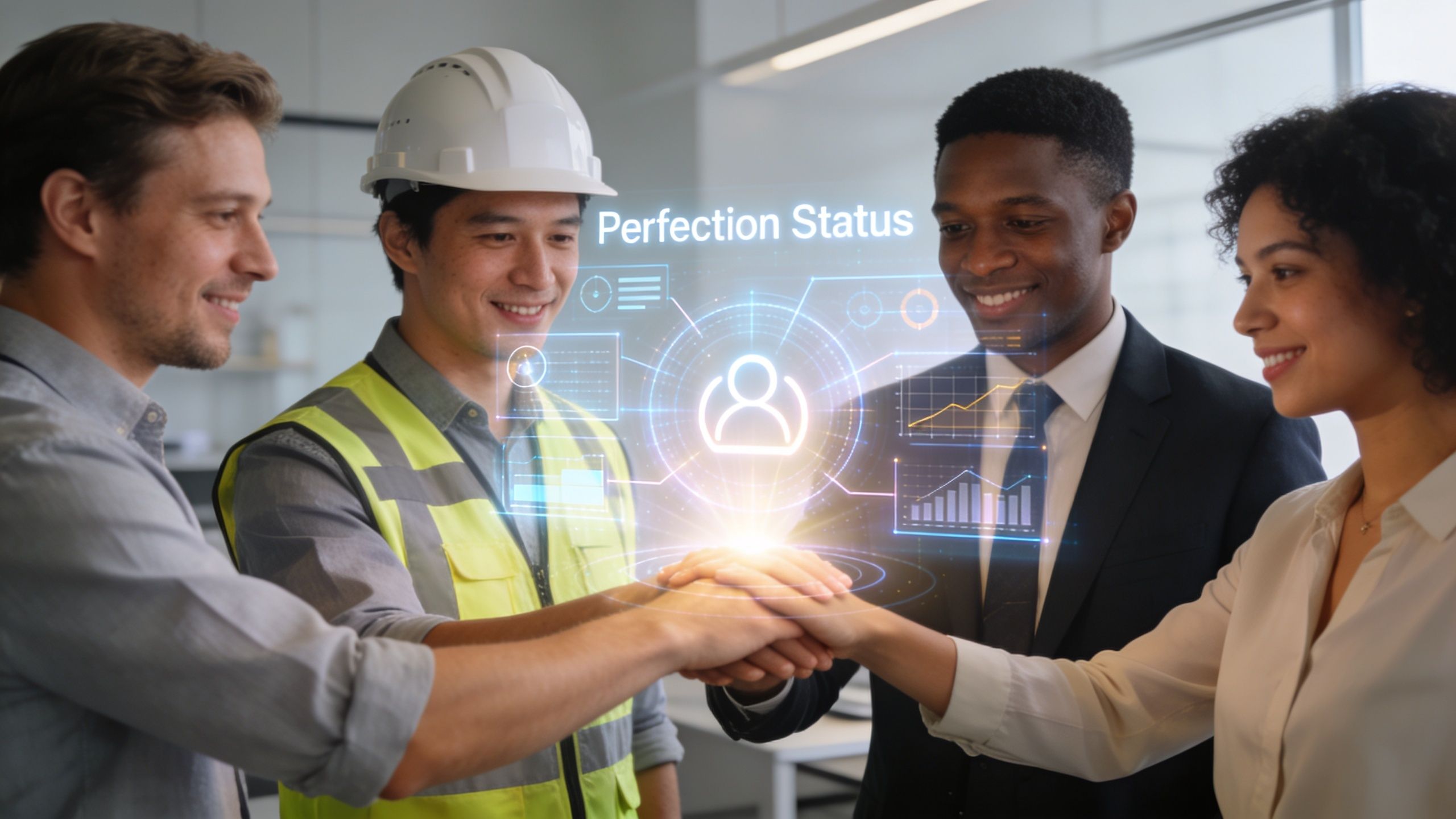 Une équipe diversifiée de professionnels unissant leurs mains au-dessus d'un hologramme numérique représentant le statut du projet.