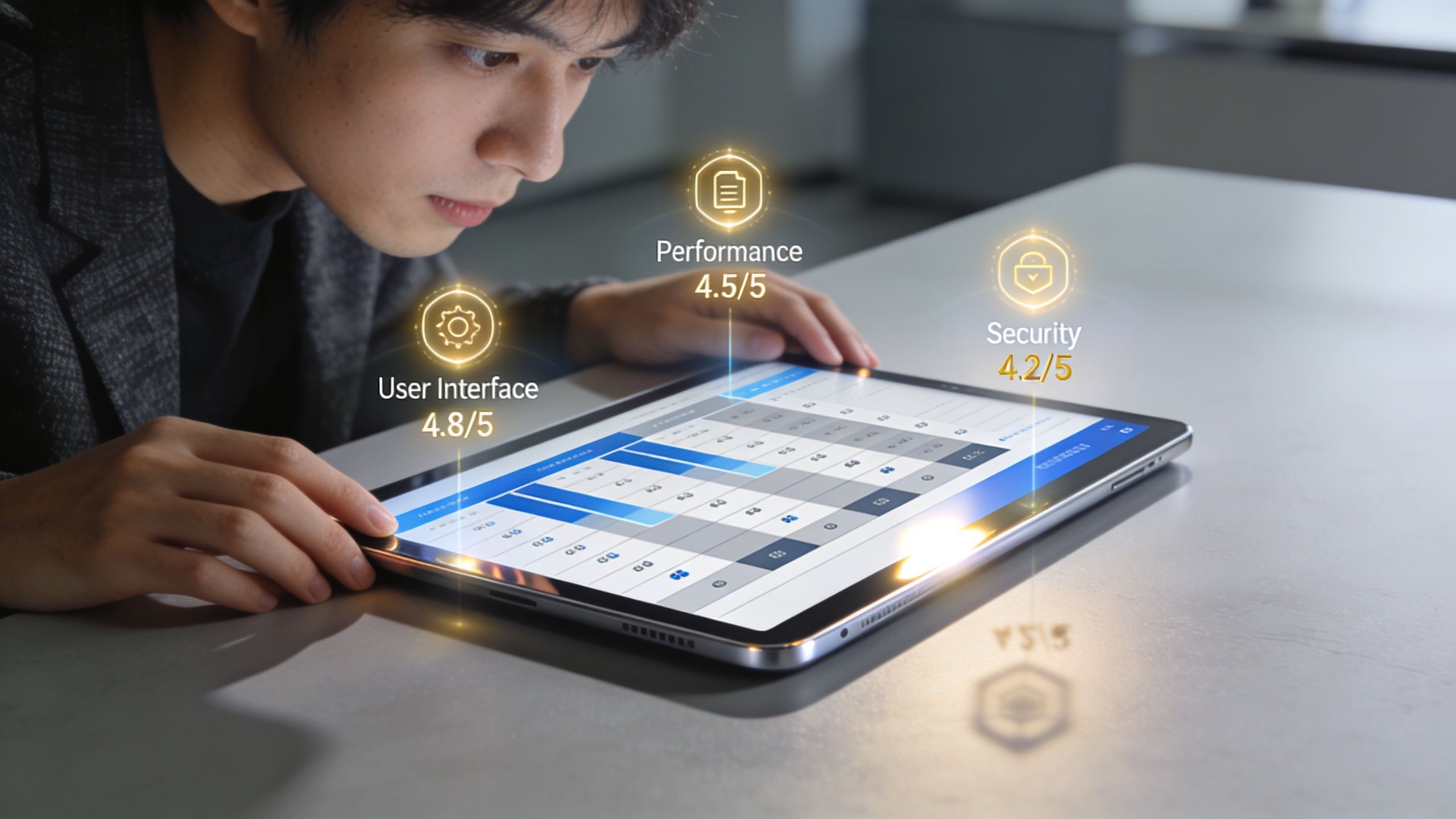 Un homme examine les scores de performance, de sécurité et d'interface utilisateur sur une tablette numérique.