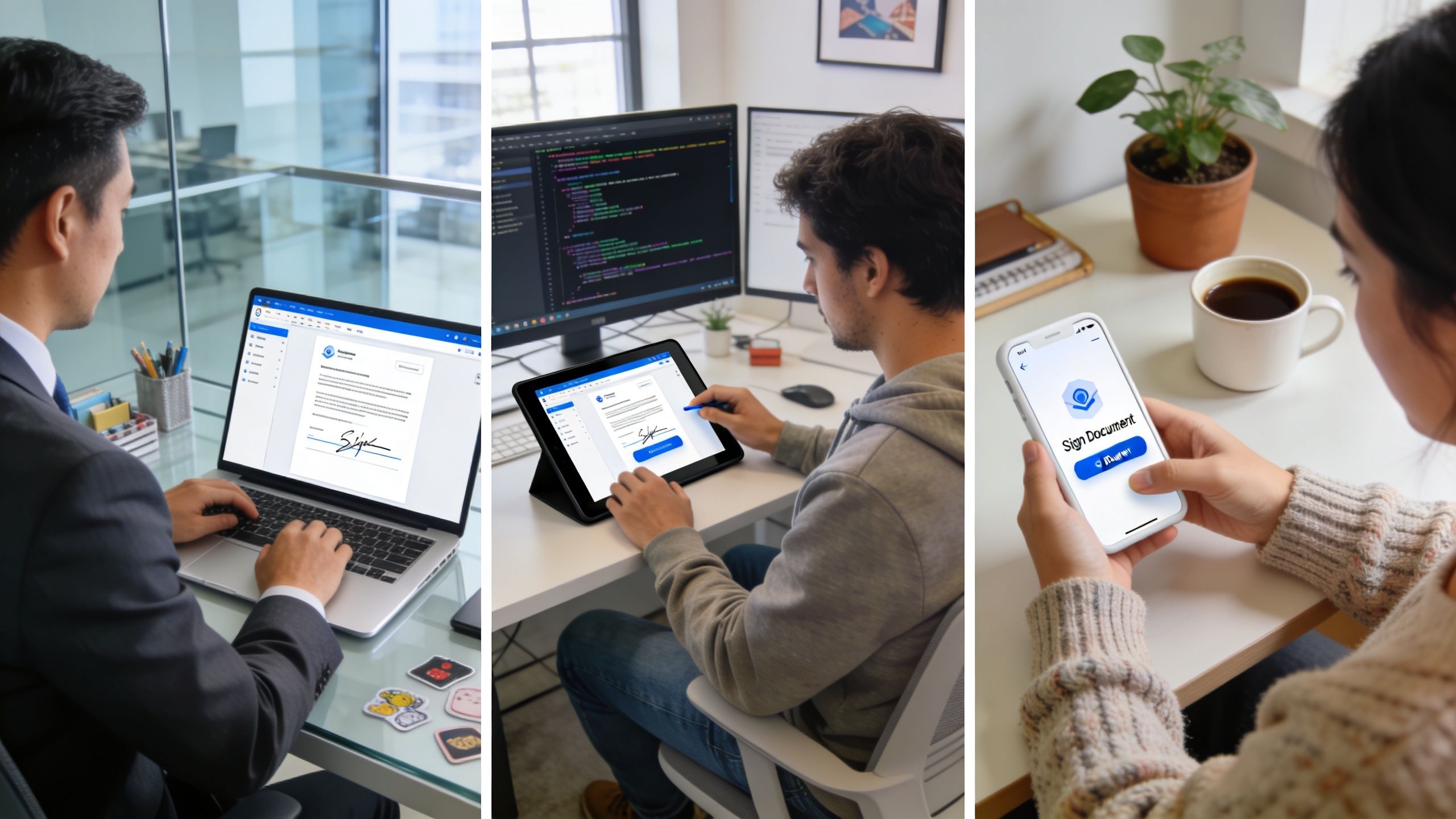 Trois personnes utilisant différents appareils pour signer numériquement des documents professionnels avec un logiciel de signature électronique.