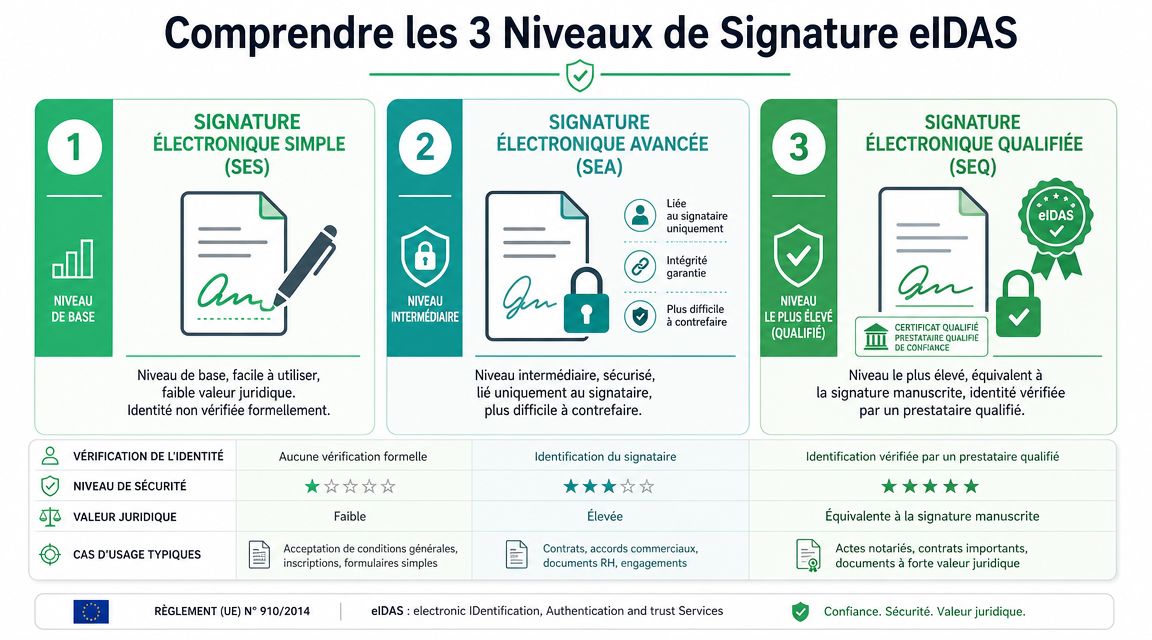 Infographie illustrant les trois niveaux de signature électronique selon le règlement européen eIDAS avec leurs caractéristiques.