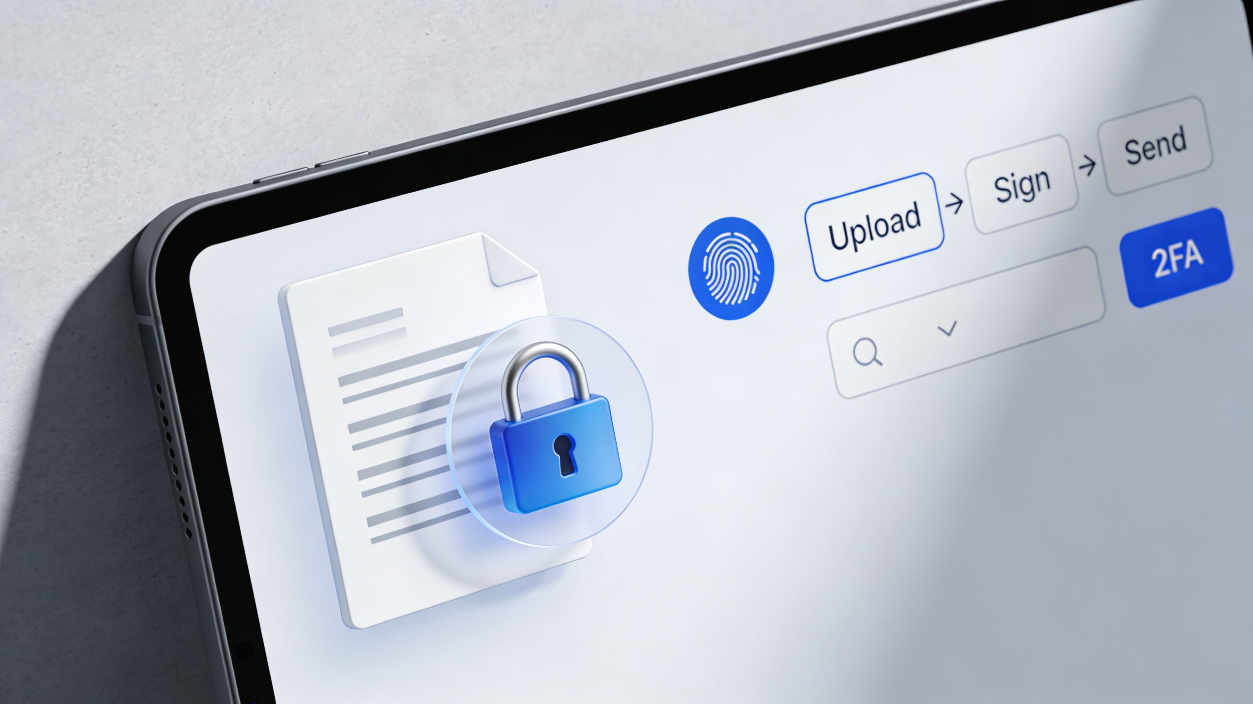 Une tablette affichant une interface de logiciel pour la signature électronique sécurisée avec authentification à deux facteurs.