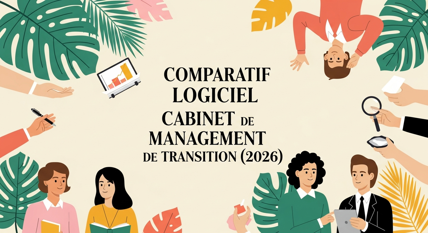 Couverture éditoriale du comparatif des logiciels pour cabinet de management de transition 2026, illustration magazine.