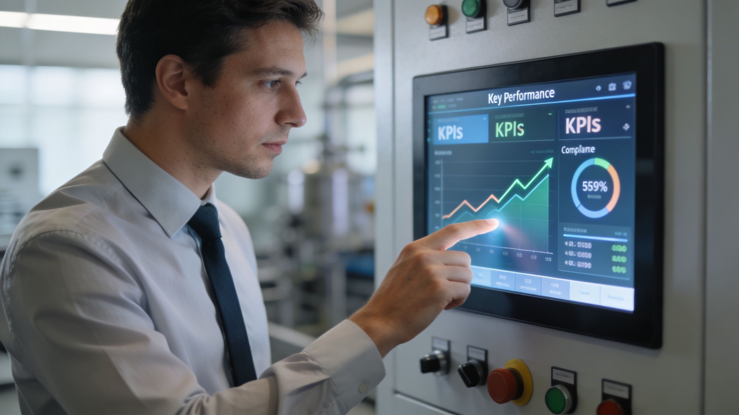 Un responsable de transition analyse les indicateurs de performance clés sur un écran tactile industriel en usine.