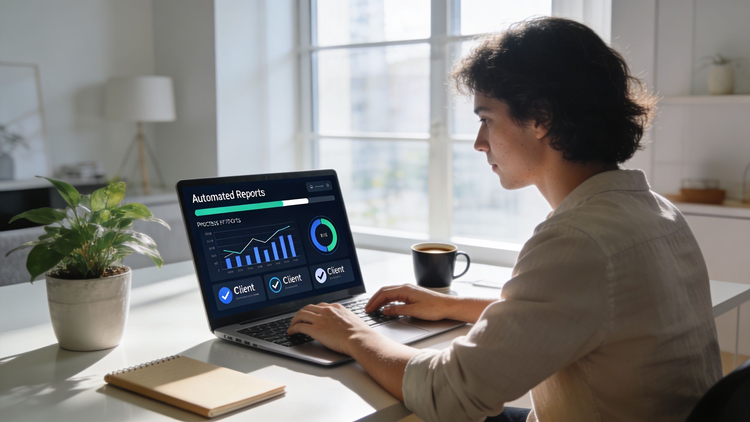 Un jeune homme travaillant sur un ordinateur portable affichant des graphiques de rapports automatisés dans un bureau lumineux.