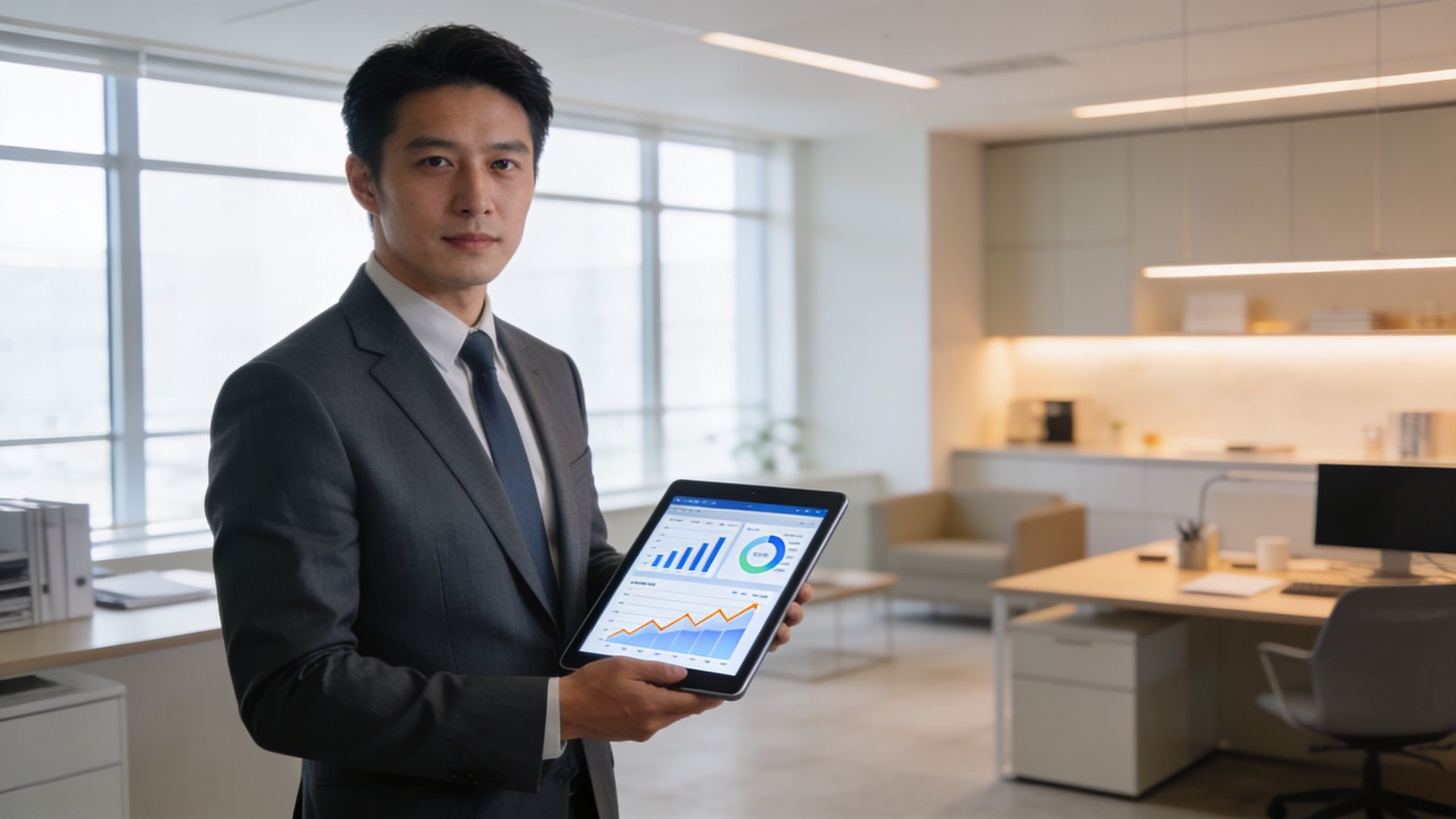 Un gestionnaire de transition en costume présente des statistiques de performance sur une tablette numérique en entreprise.