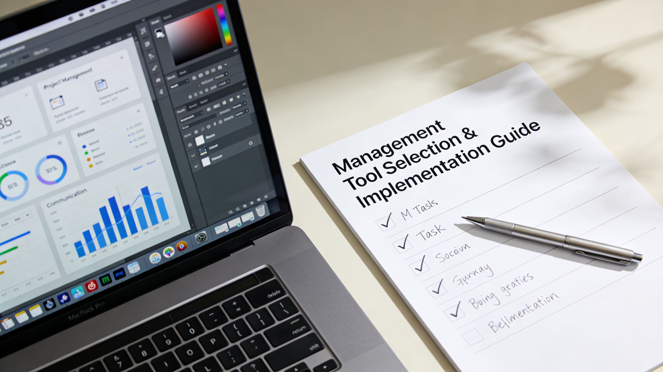 Un ordinateur portable affichant des graphiques et une liste de contrôle pour la sélection d'outils de gestion.