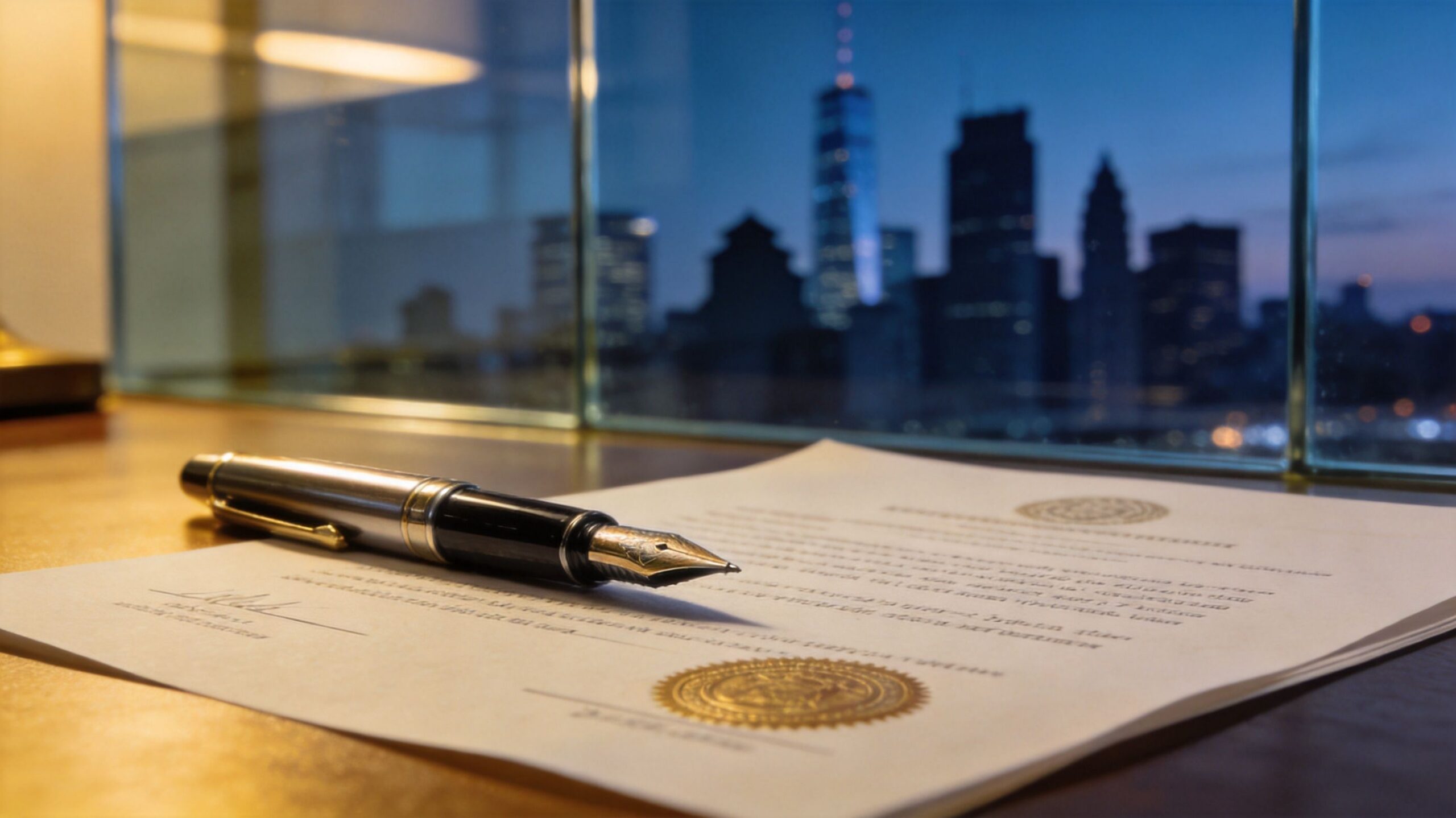 Un stylo plume posé sur un document officiel signé avec un sceau doré devant une vue urbaine.