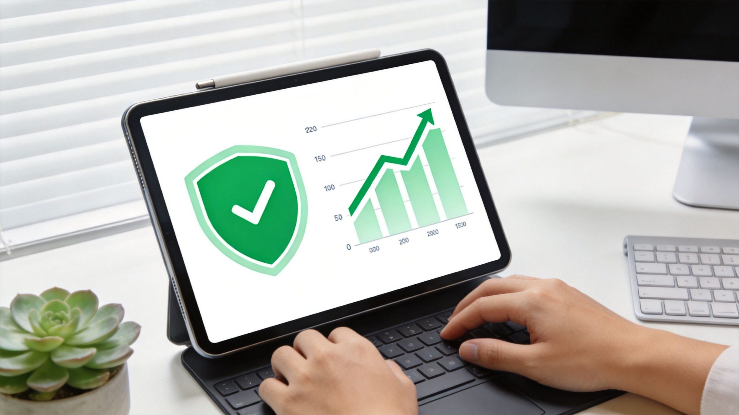 Une personne travaille sur une tablette affichant un graphique de croissance financière verte avec une icône de bouclier.