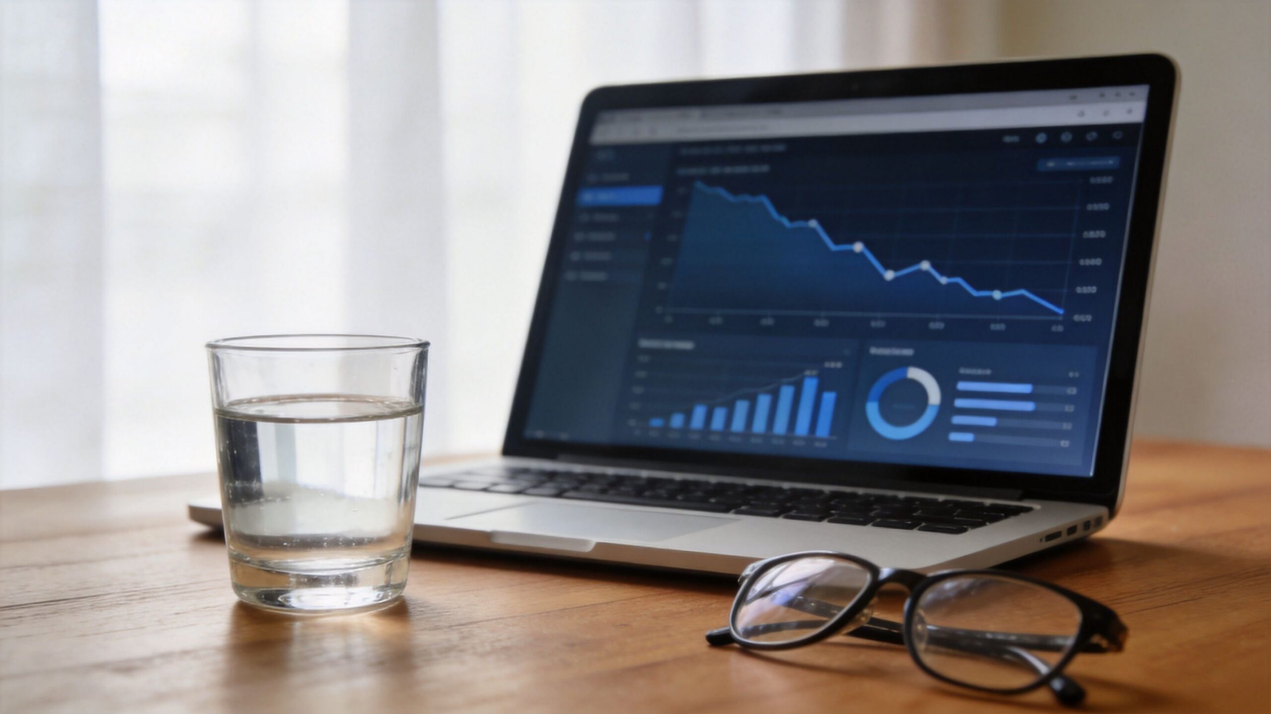 Ordinateur portable affichant des graphiques financiers baissiers, un verre d'eau et des lunettes sur une table.