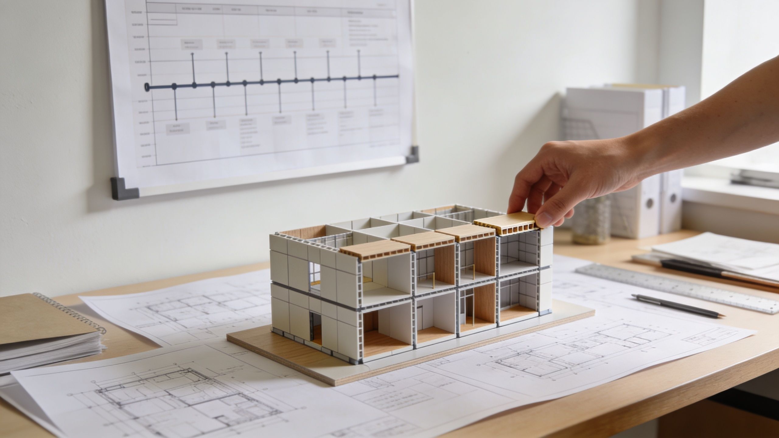 Une main d'architecte place un élément sur une maquette de construction posée sur des plans de travail.