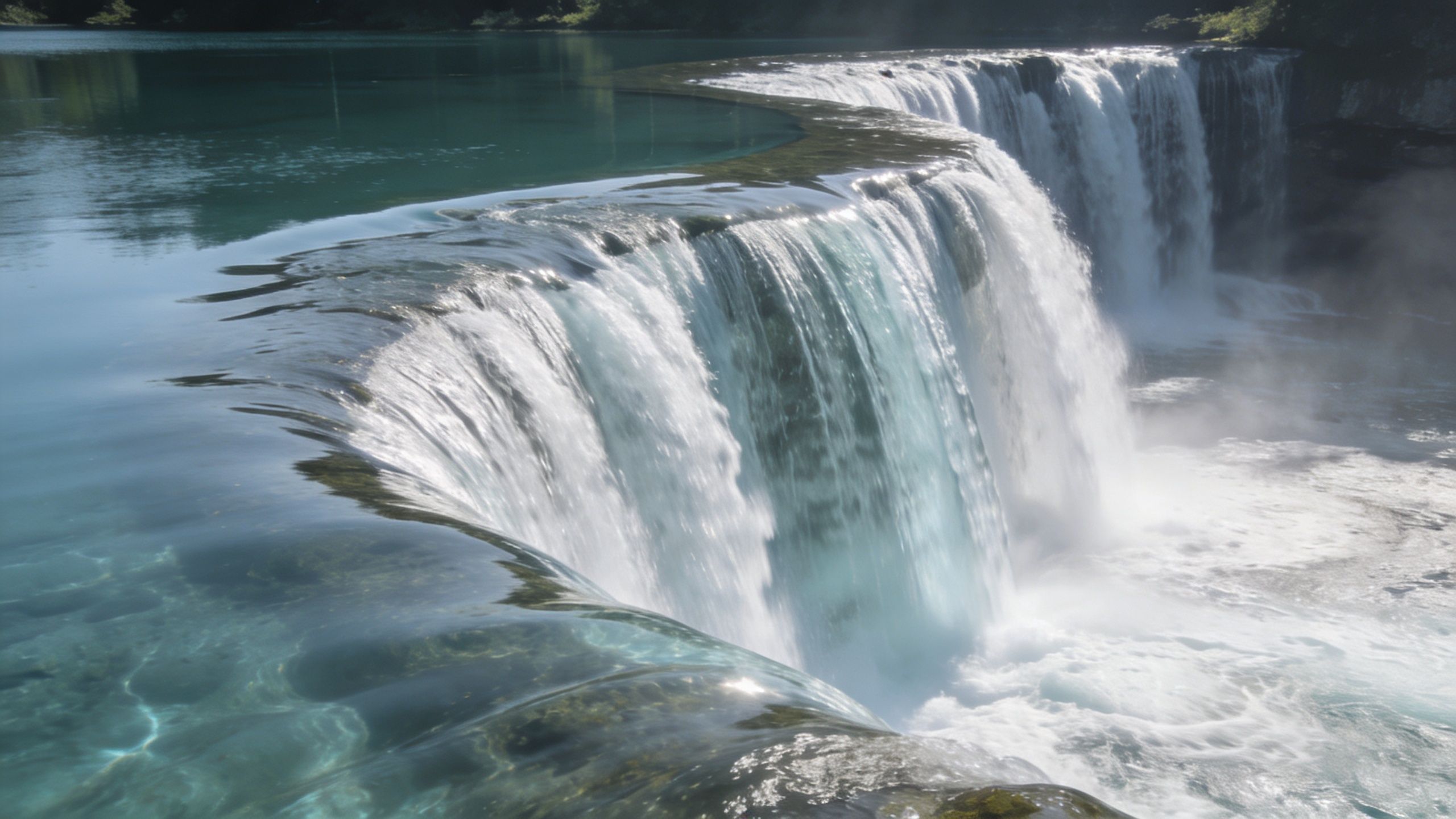 Une vue panoramique spectaculaire sur une cascade en forme de fer à cheval tombant dans une rivière.