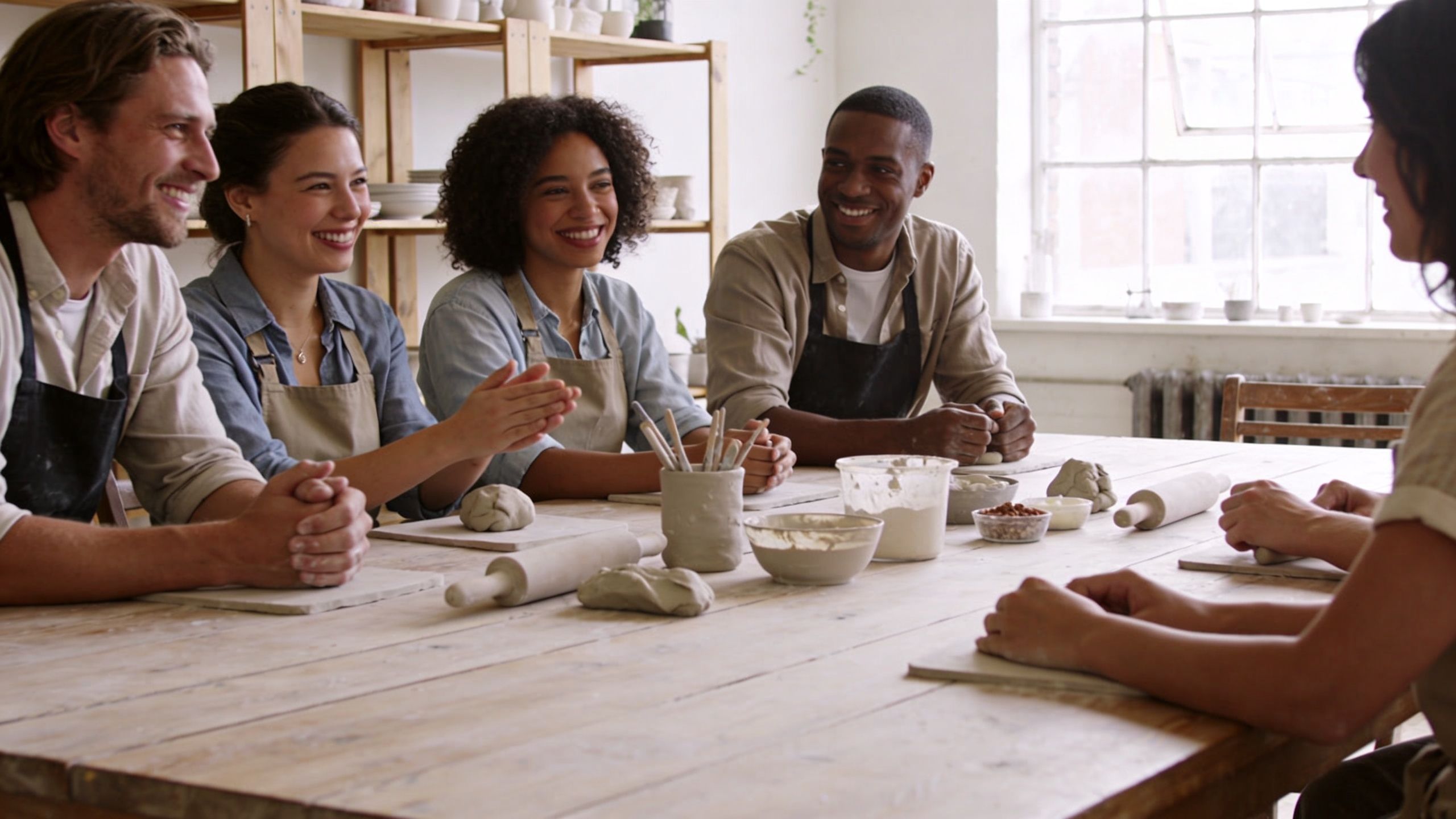 Un groupe diversifié de collègues souriants participant à un atelier de poterie lors d'une activité de cohésion.
