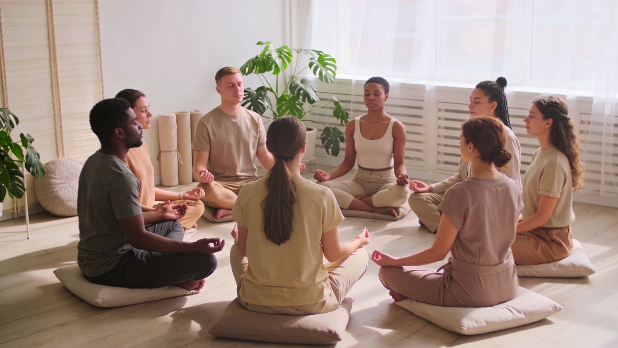 Un groupe diversifié de collègues assis en cercle sur des coussins pratiquant la méditation ensemble au bureau.