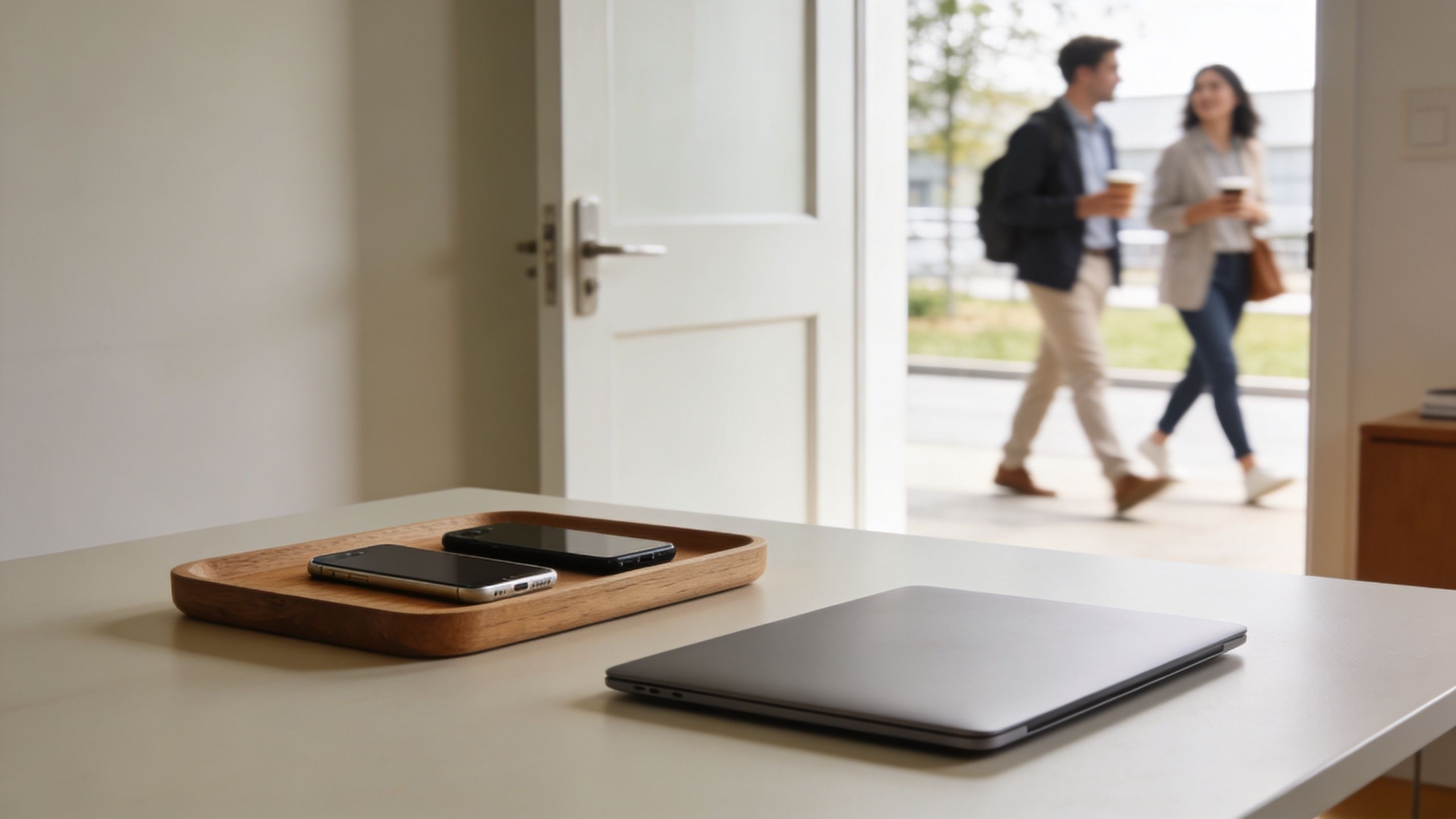 Des smartphones et un ordinateur portable sur une table devant une porte ouverte sur des collègues.