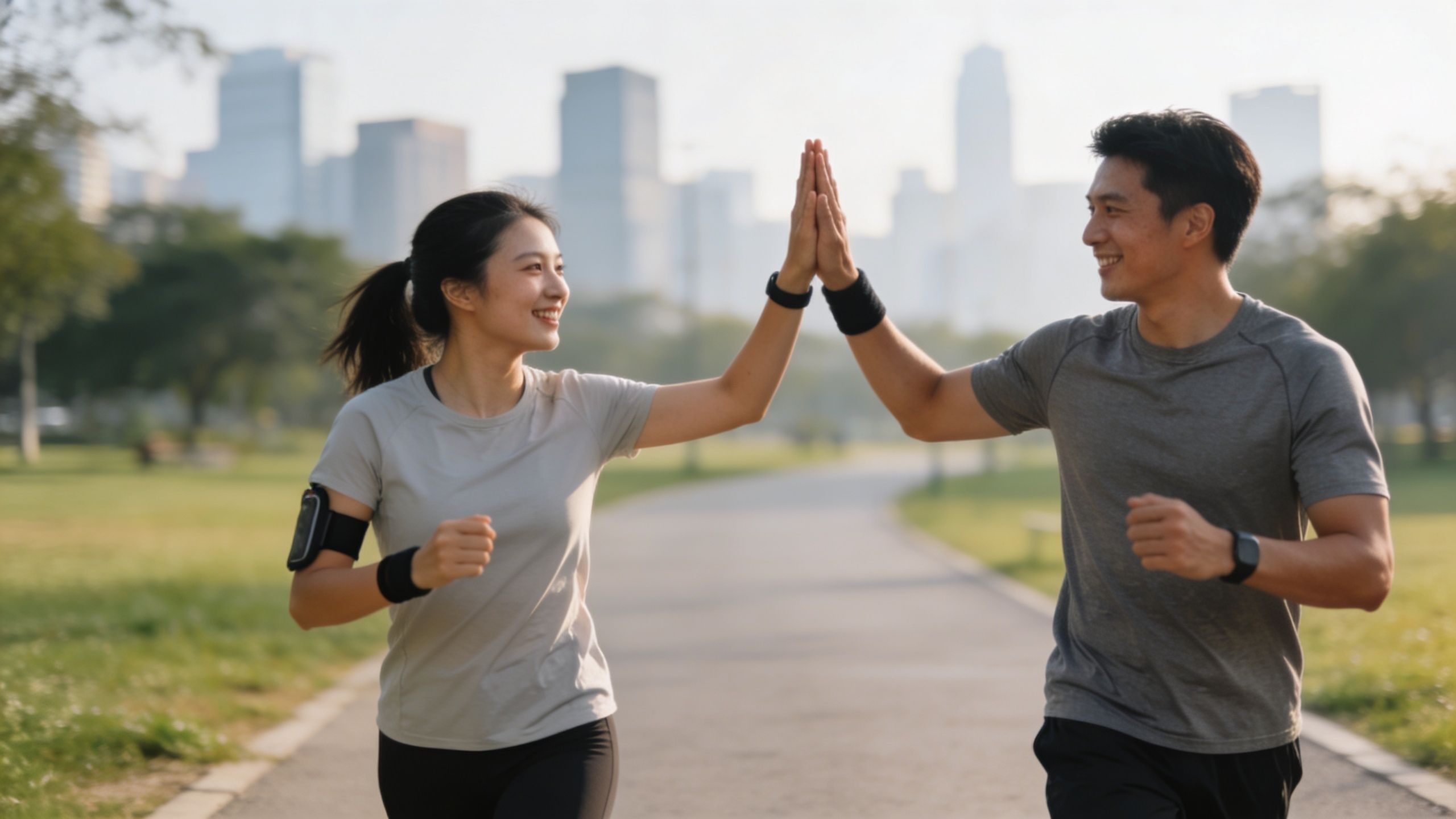 Deux collègues souriants se donnent un high-five lors d'une course à pied dans un parc urbain.